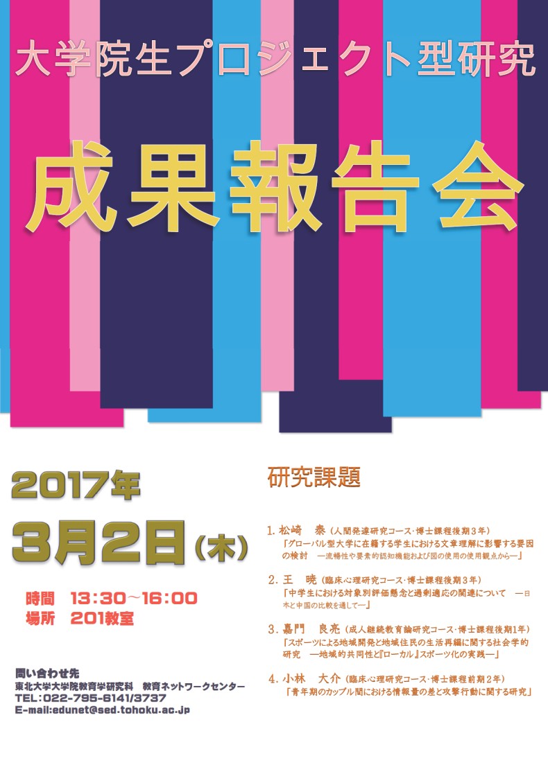 大学院生プロジェクト型研究成果報告会 2017年3月2日 13:30～16:00 201教室